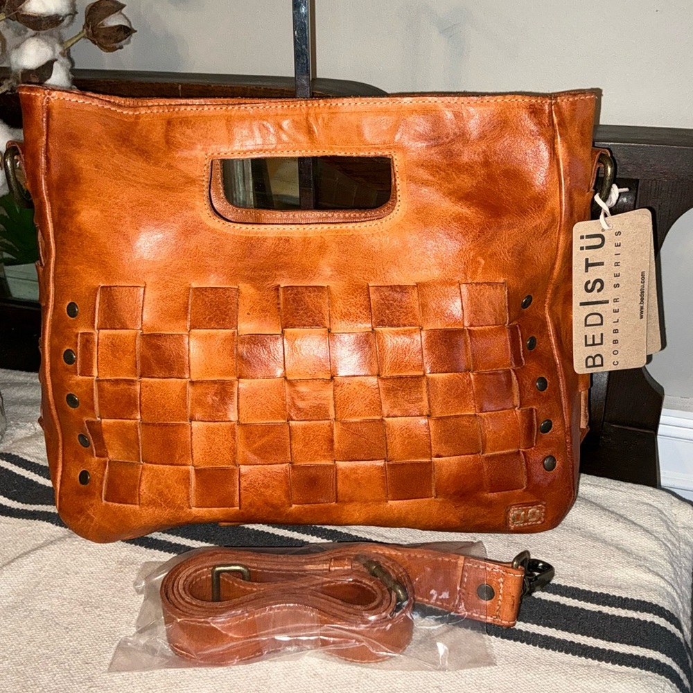 Bed Stu Woven Leather Crossbody in Cognac Brown